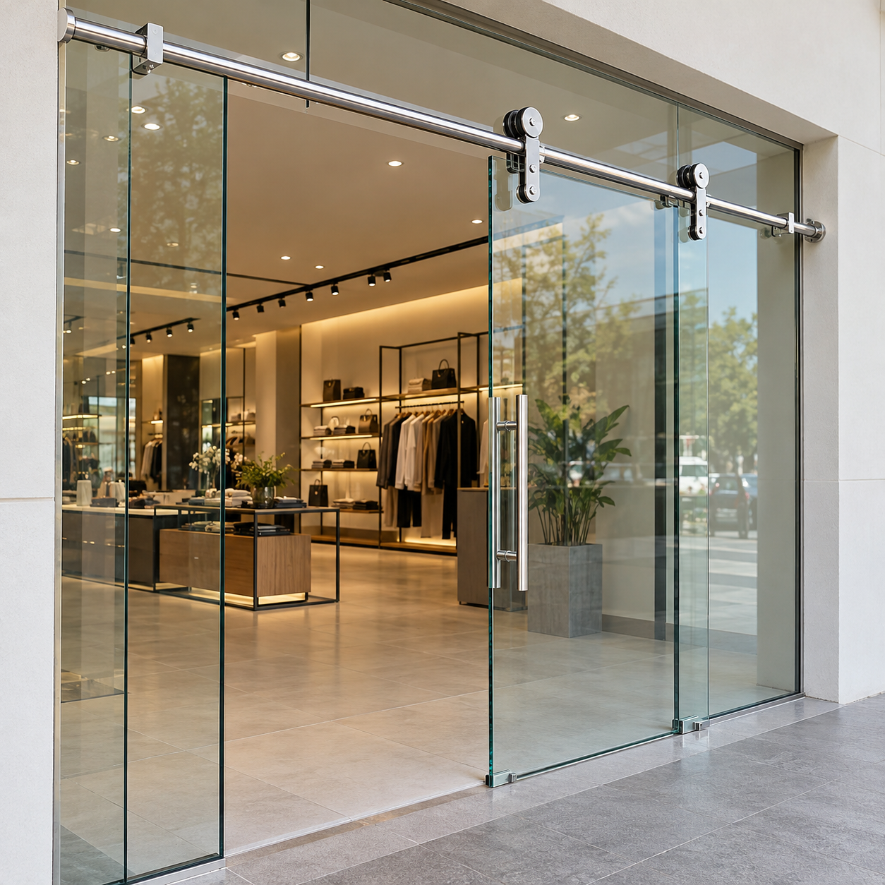 Cửa kính cường lực mở lùa ray treo