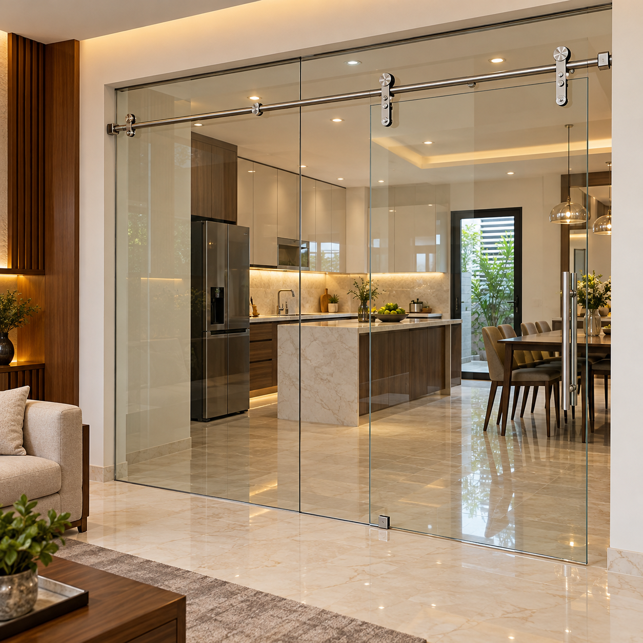 Cửa kính cường lực mở lùa ray treo