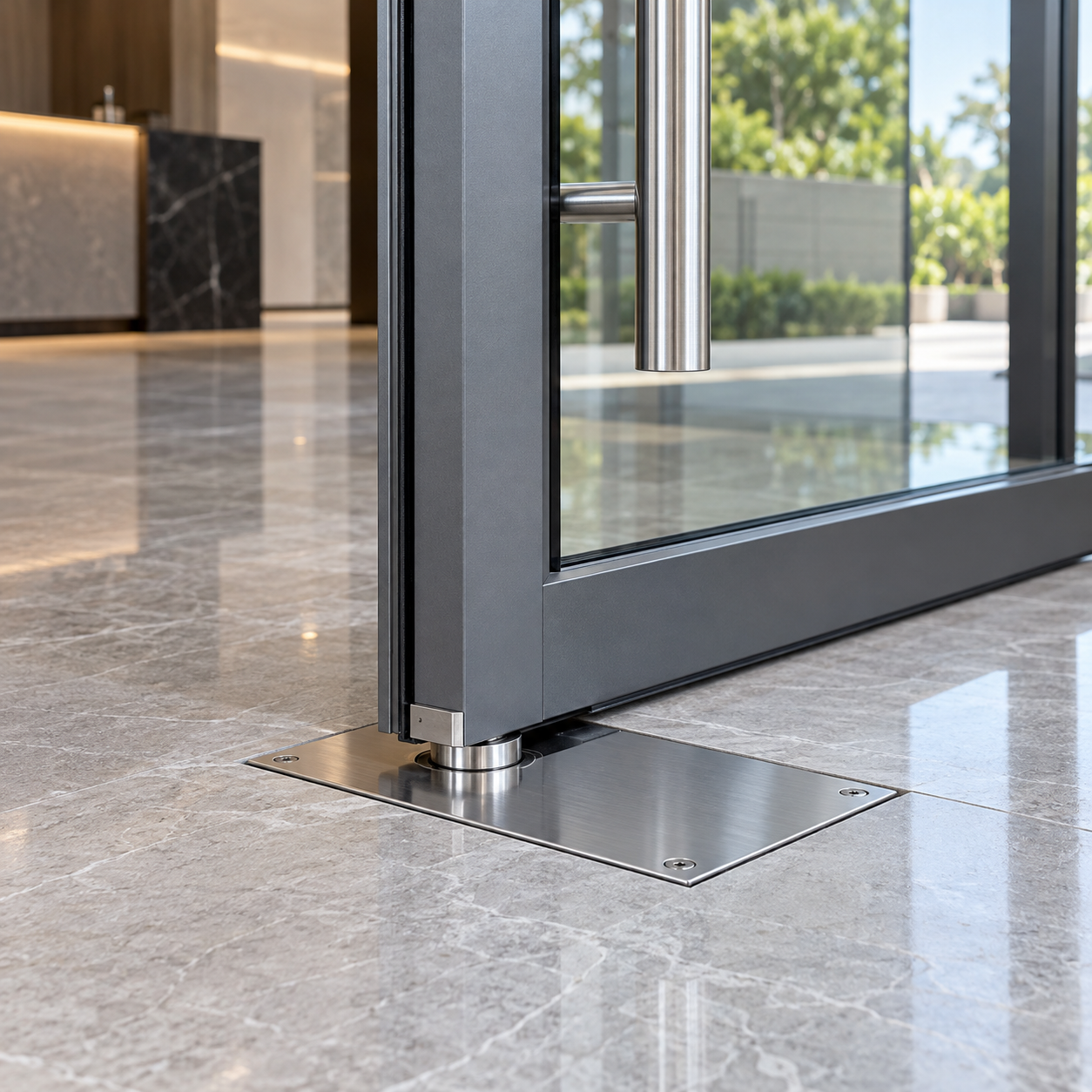 Chi tiết bản lề sàn và kẹp dưới cửa kính cường lực