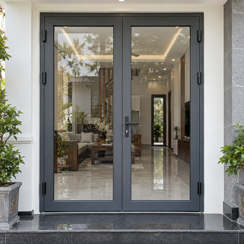 Minh họa cửa nhôm kính hai cánh màu xám cho nhà ở