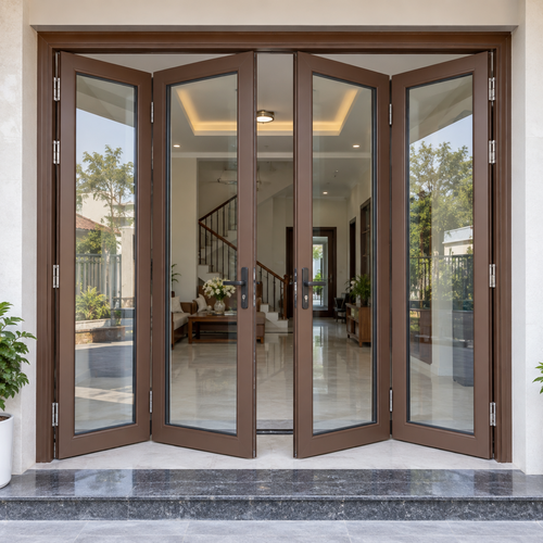 Minh họa cửa nhôm kính nhiều cánh màu nâu