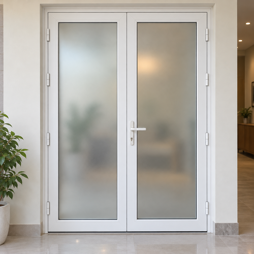 Cửa nhôm kính hai cánh màu trắng sử dụng kính mờ