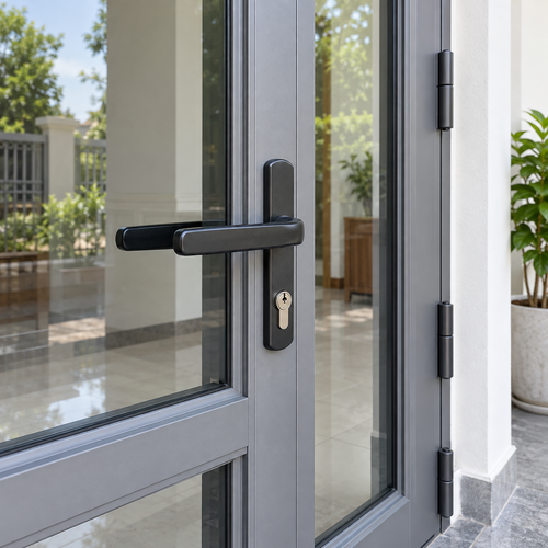 Chi tiết tay nắm và khóa cửa nhôm kính